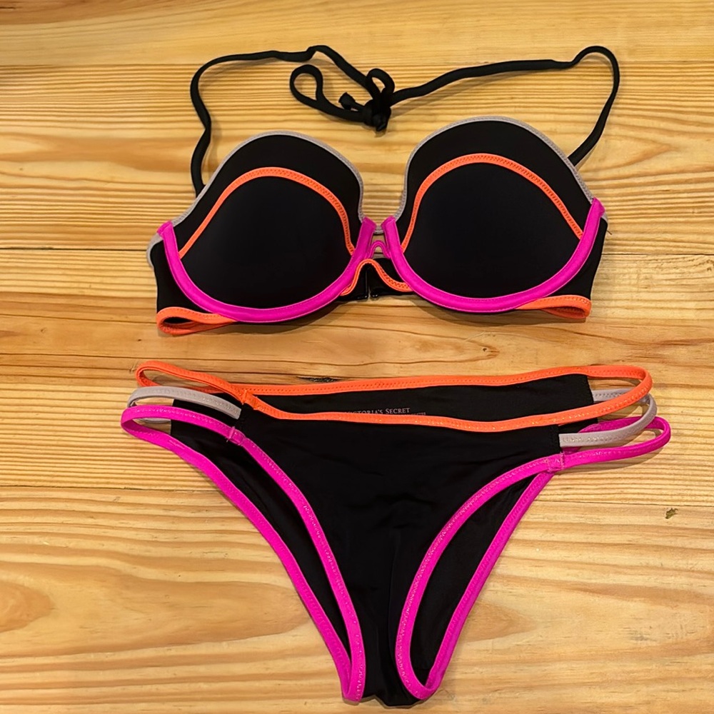 Victoria's Secret Black Bikini with Neon Pink & Orange Accents